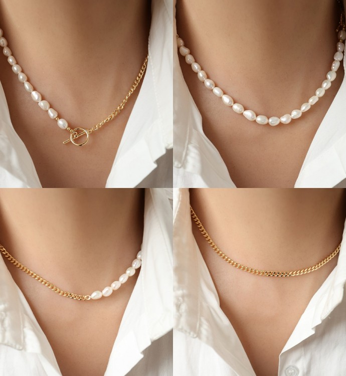 Gold Half Chain Necklace in White Freshwater Pearl