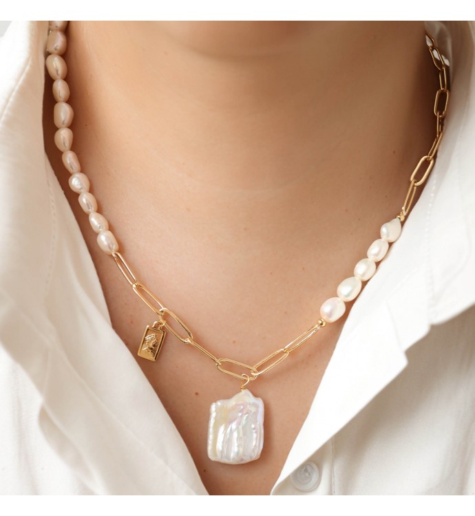 Half Pearl Half Paperclip Chain Necklace with Baroque Drop