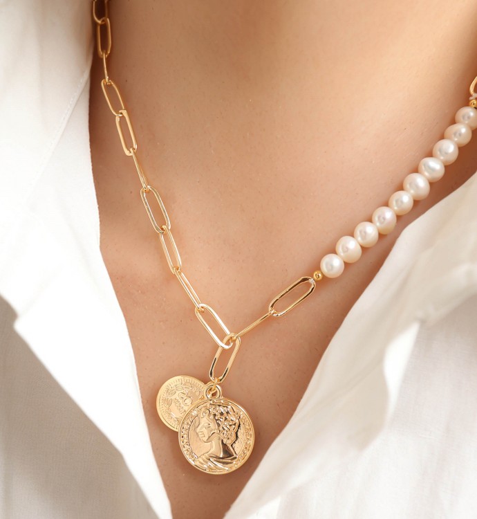 Half Pearl Half Paperclip Chain Necklace with Roman Style Coin Pendant