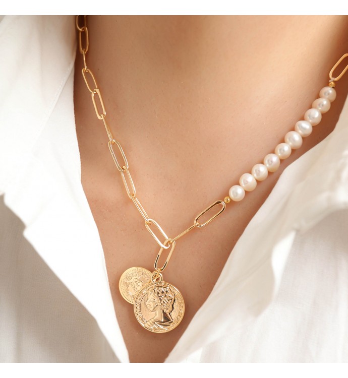 Half Pearl Half Paperclip Chain Necklace with Roman Style Coin Pendant