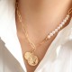 Half Pearl Half Paperclip Chain Necklace with Roman Style Coin Pendant