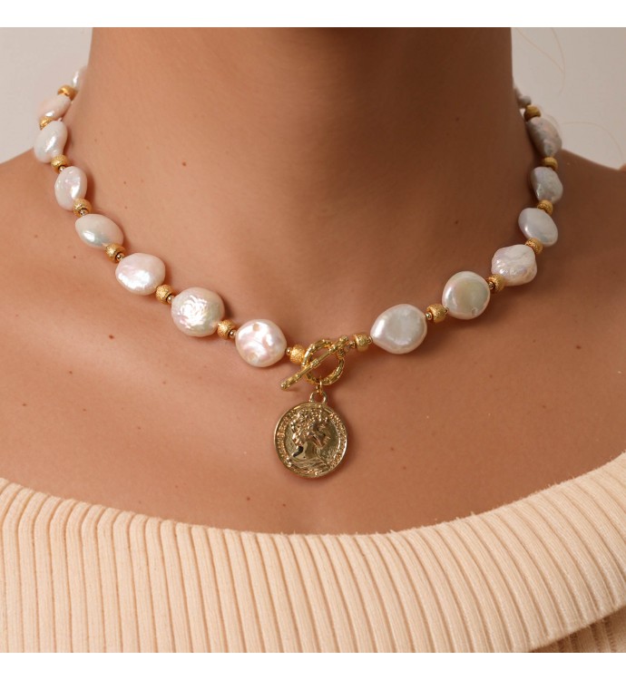 Irregular Pearl Strand Chain Coin Pendant Necklace