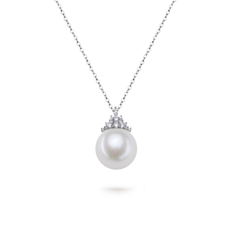 13.0-14.0mm White Freshwater Pearl & Diamond Queenie Pendant in Sterling Silver - AAAAA Quality