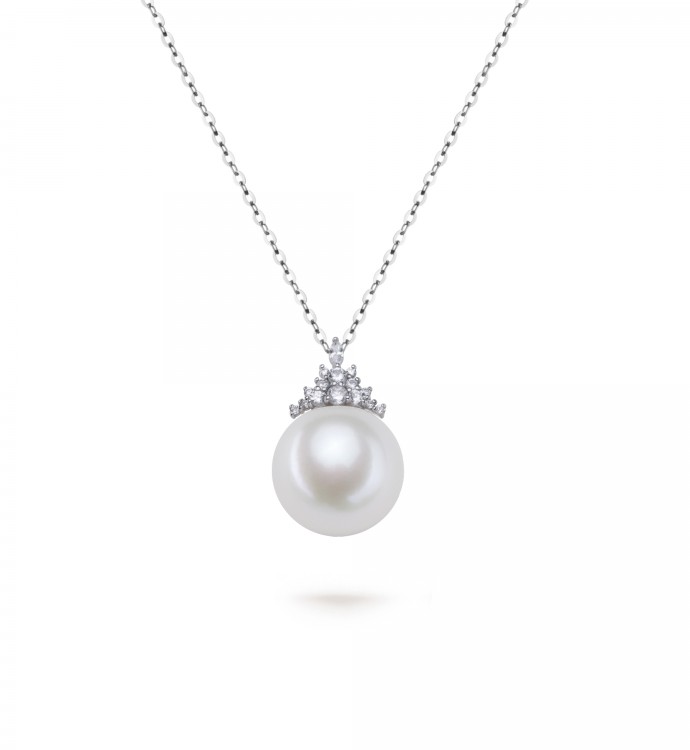 13.0-14.0mm White Freshwater Pearl & Diamond Queenie Pendant in Sterling Silver - AAAAA Quality
