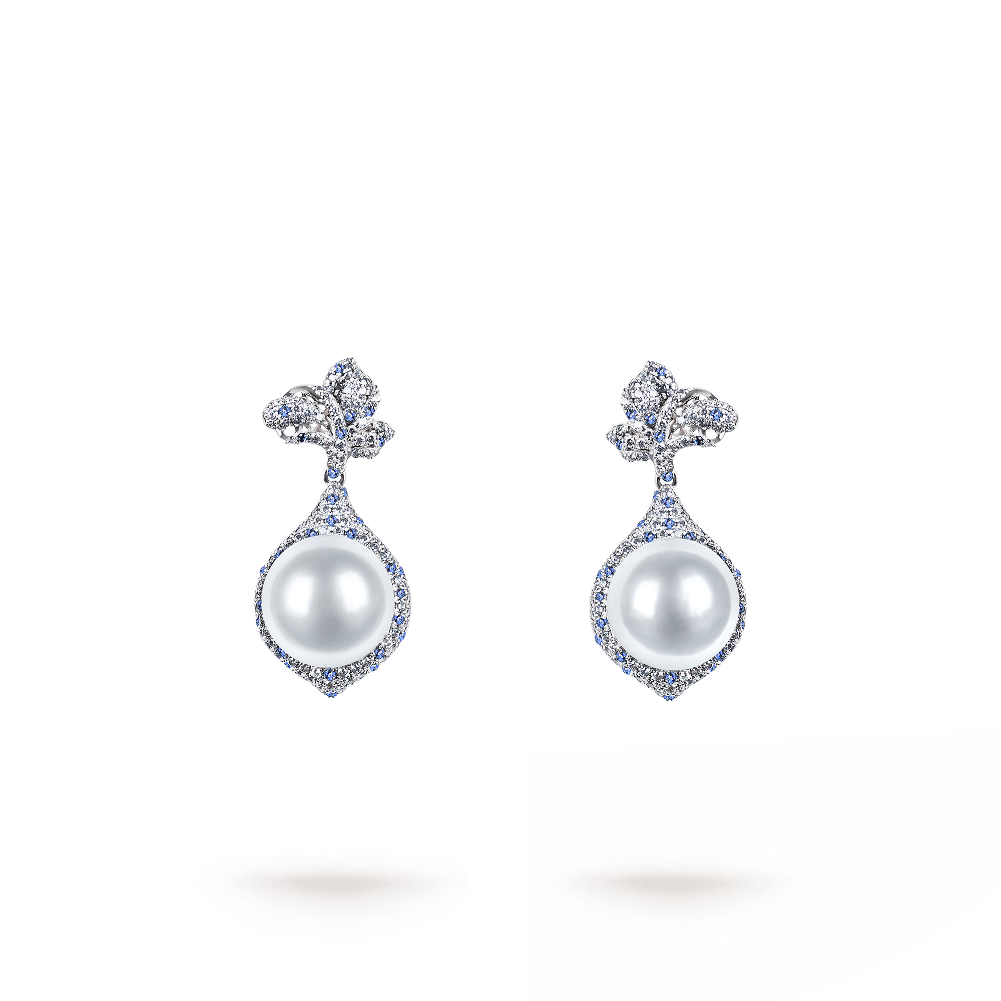 11.0 12.0mm White South Sea Round Pearl Diamond Sarah Dangle Earrings in 18K Gold AAAAA Quality