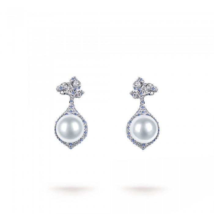 11.0-12.0mm White South Sea Round Pearl & Diamond Sarah Dangle Earrings in 18K Gold - AAAAA Quality