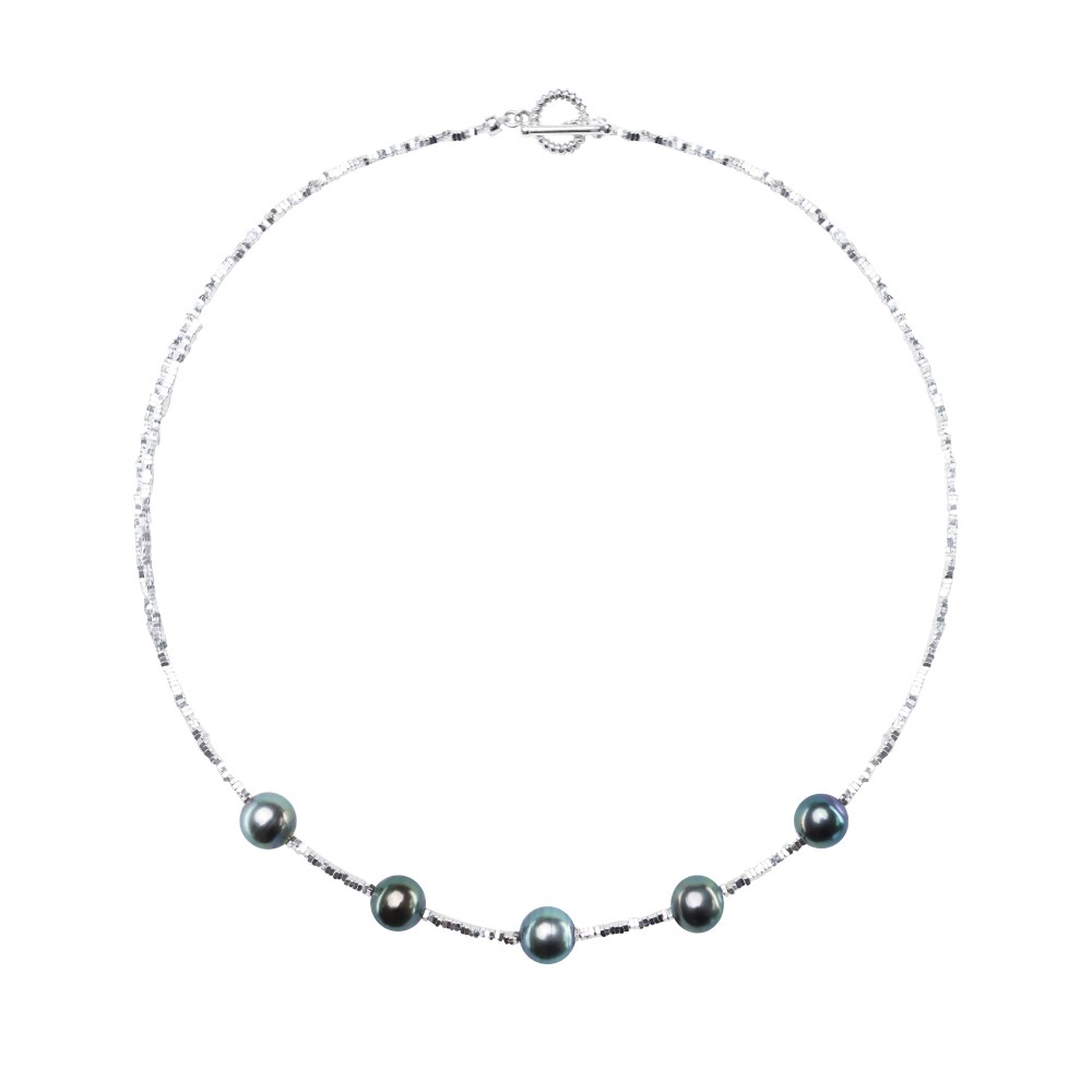 8.0-9.0mm Tahitian Pearl & Shinning Silver Necklace - AAA Quality