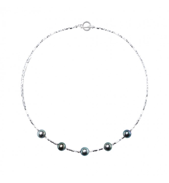 8.0-9.0mm Tahitian Pearl & Shinning Silver Necklace - AAA Quality