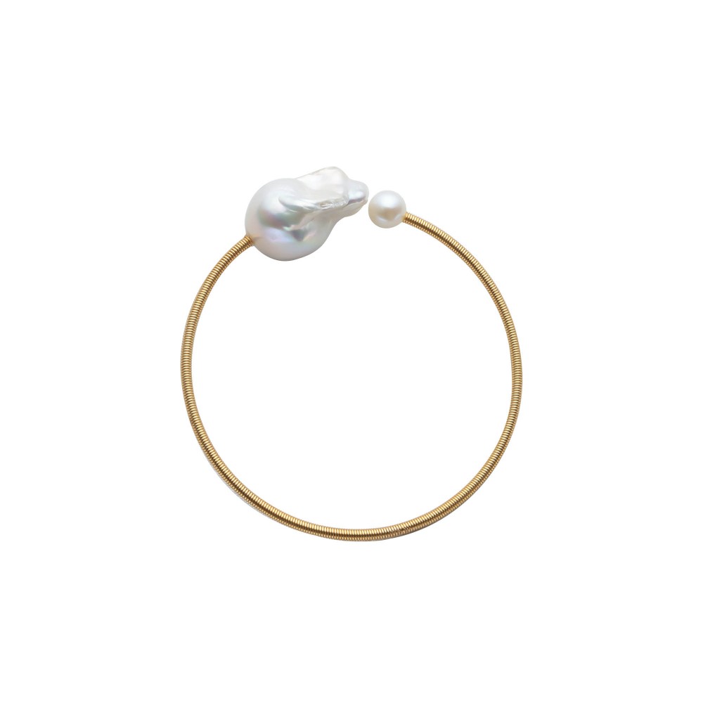 White Freshwater Baroque Pearl Cuff Golden Bangle