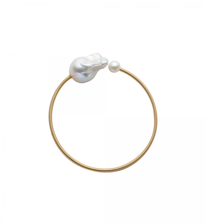 White Freshwater Baroque Pearl Cuff Golden Bangle