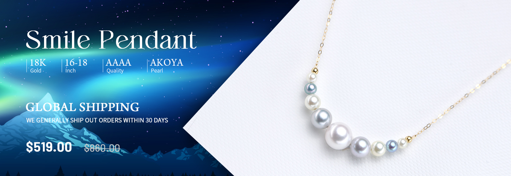 2.5-8.0mm Akoya Pearl Smile Pendant in 18K Gold - AAAA Quality