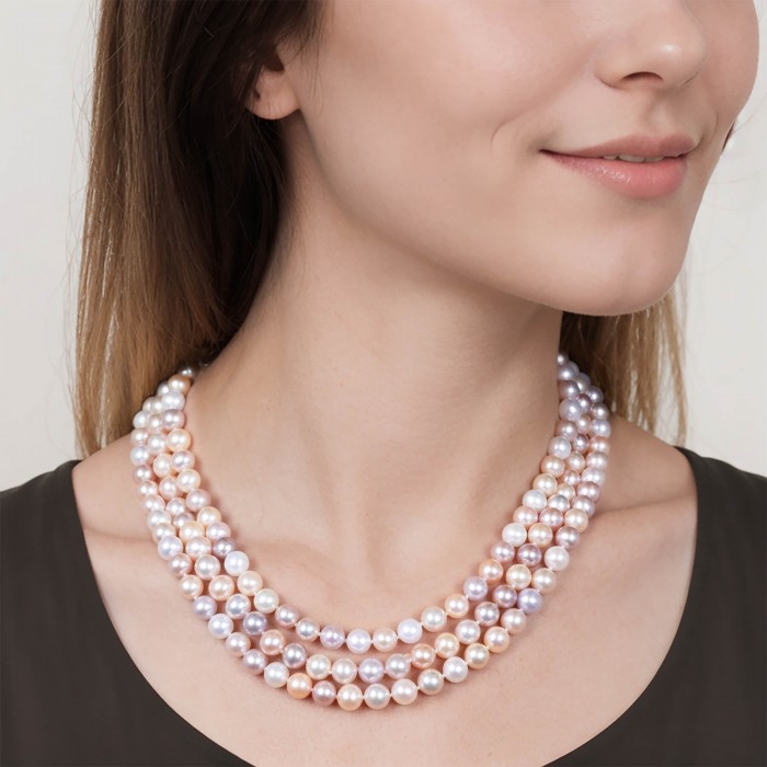 7.5-8.0 mm Triple-Strand AAA Multicolor Freshwater Pearl Necklace