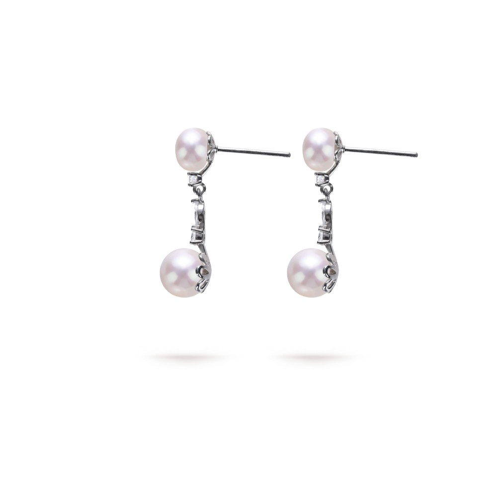 5.5-7.5mm White Freshwater Pearl & Diamond Drop Chain Earrings in Sterling Silver - AAAA Quality