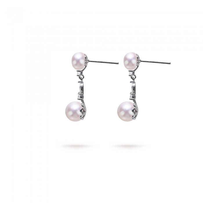 5.5-7.5mm White Freshwater Pearl & Diamond Drop Chain Earrings in Sterling Silver - AAAA Quality