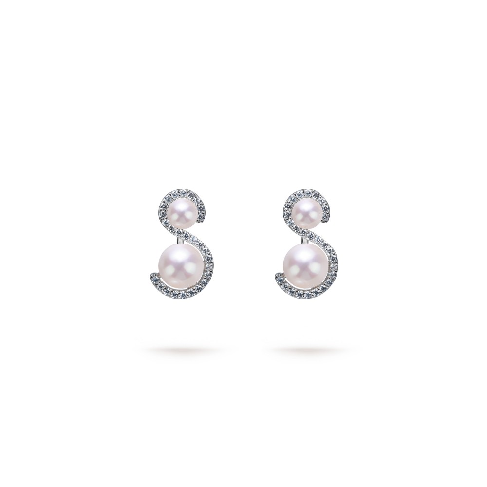 4.0-7.0mm White Freshwater Pearl & Diamond Accent Earrings in Sterling Silver - AAAA Quality