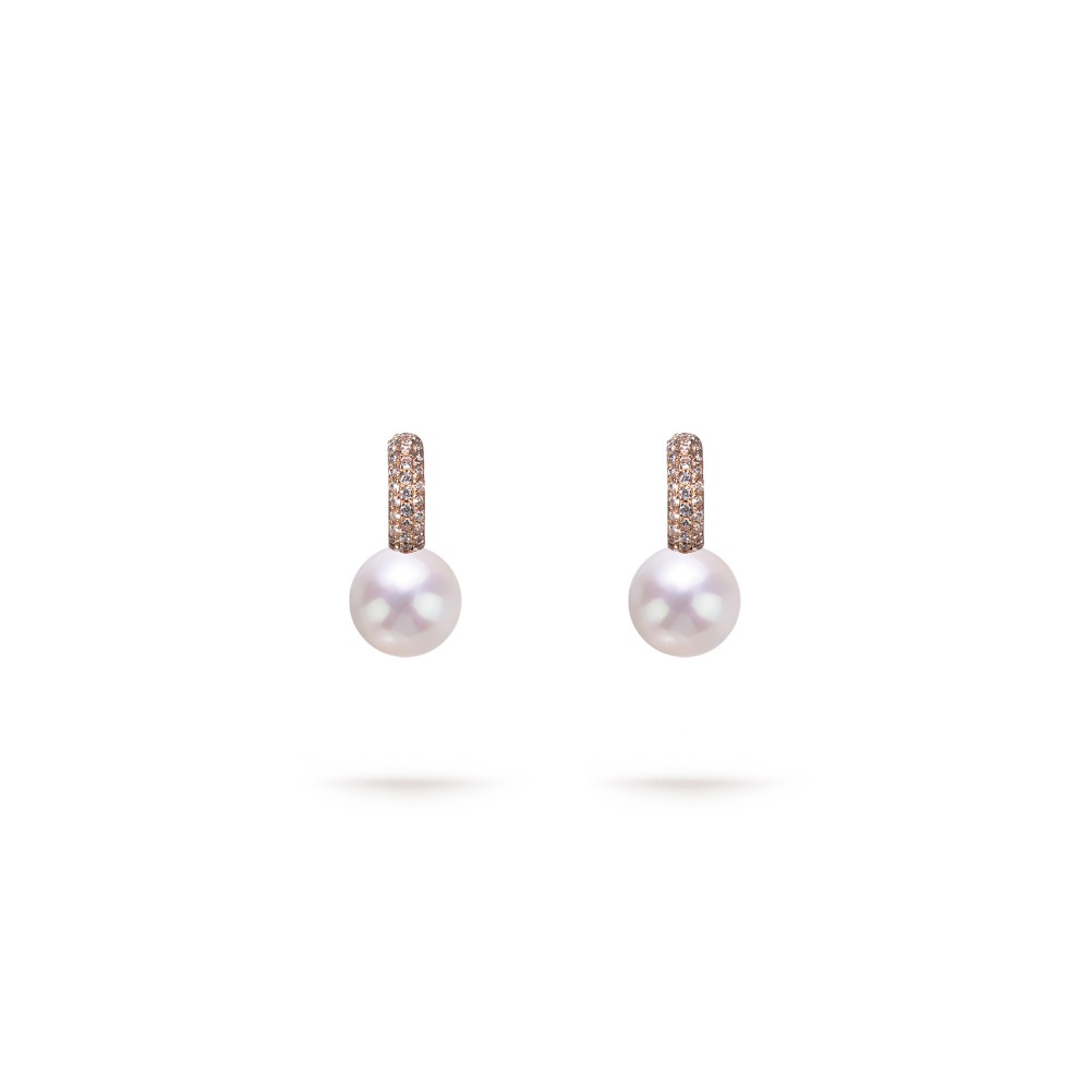 7.5-8.0mm White Freshwater Pearl & Diamond Belle Earrings in 18K Gold - AAAA Quality