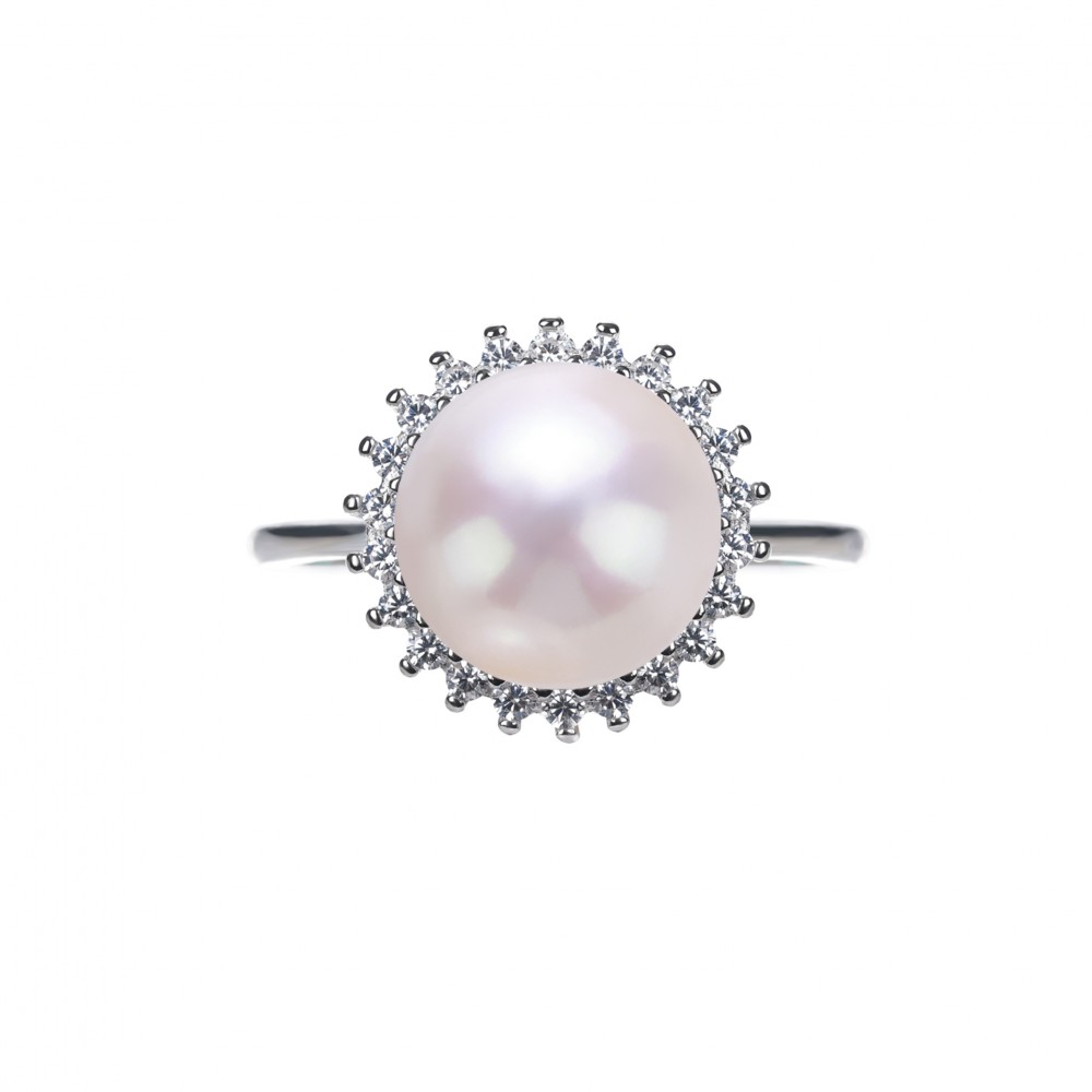 9.0-10.0mm White Freshwater Pearl Halo Ring - AAAAA Quality