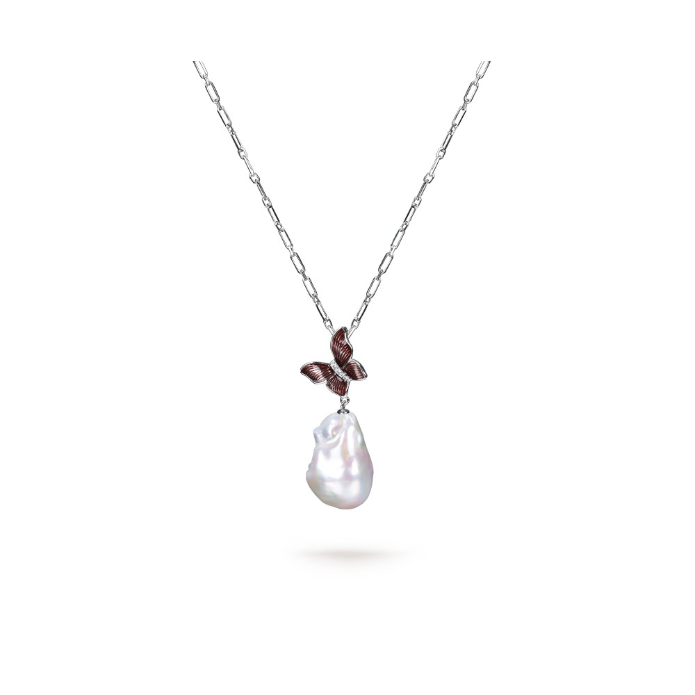 White Freshwater Baroque Pearl Butterfly Pendant in Sterling Silver