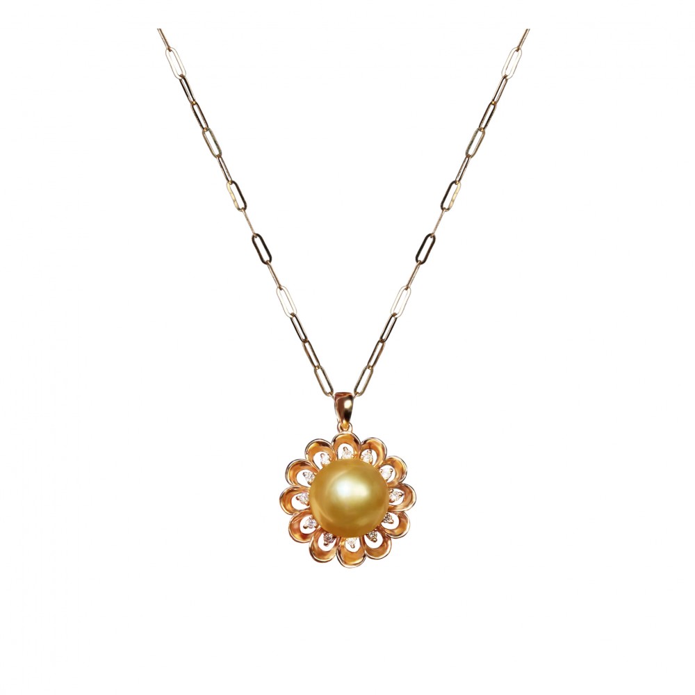 10.0-11.0mm Golden South Sea Pearl Daisy Pine Pendant in 18K Gold - AAAA Quality