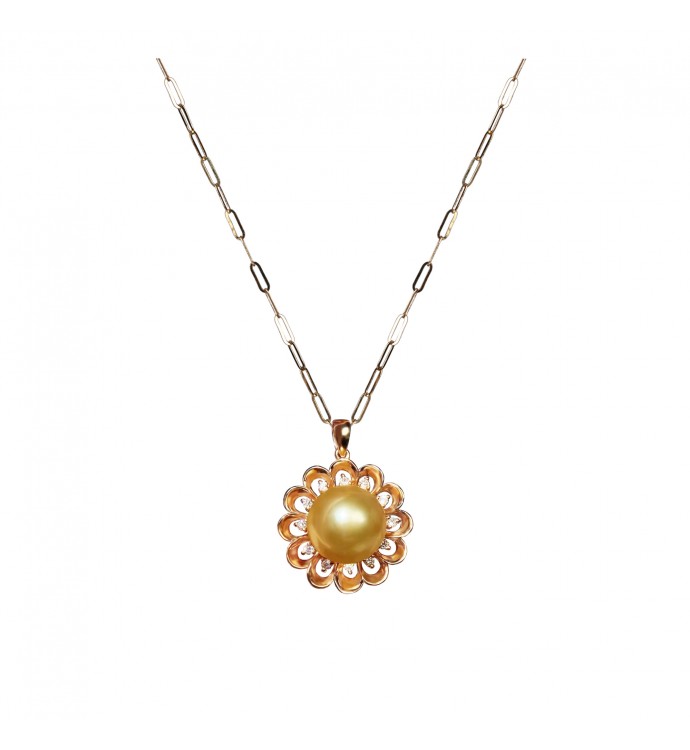 10.0-11.0mm Golden South Sea Pearl Daisy Pine Pendant in 18K Gold - AAAA Quality